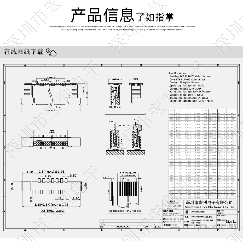 0.5mm-33P立貼帶鎖交叉錯正位 FFC/FPC扁平軟排線插座 電纜連接器